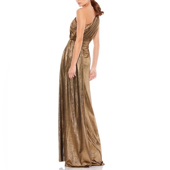 NWT Ieena for Mac Duggal 26537 Gold Metallic Draped One Shoulder Gown- Sz 2 & 4 - Picture 2 of 11
